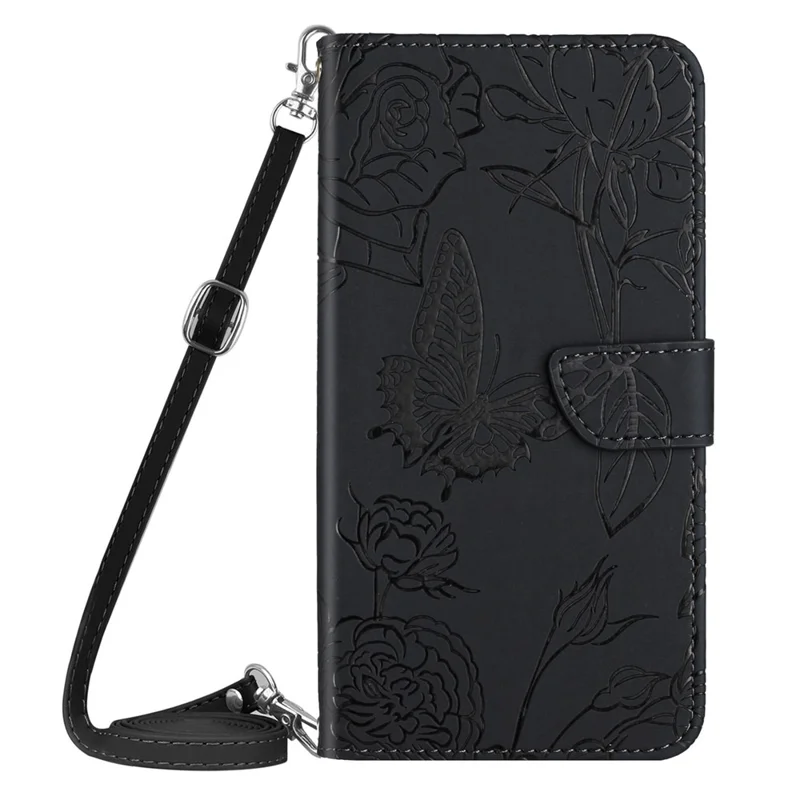 Butterfly Flowers Imprinted Wallet Case For Xiaomi Redmi A1 4G, Skin-friendly PU Leather Anti-drop Phone Cover Stand with Shoulder Strap - Black