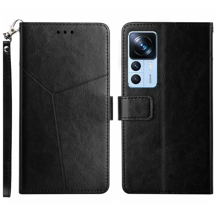 Para Xiaomi 12t 5g / 12T Pro 5G HT01 Líneas en Forma de y Impresas PU Cuero de Cuero Billetera Cubierta de Soporte a Prueba de Caída Con Correa - Negro