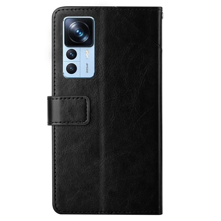 Para Xiaomi 12t 5g / 12T Pro 5G HT01 Líneas en Forma de y Impresas PU Cuero de Cuero Billetera Cubierta de Soporte a Prueba de Caída Con Correa - Negro
