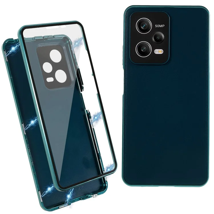For Xiaomi Redmi Note 12 Pro 5G  Tempered Glass + PU Leather Electroplating Phone Cover Magnetic Absorption Lock Full Coverage Case - Cyan