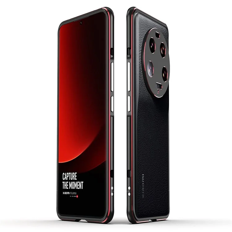 Für Xiaomi 13 Ultra Anti-Kratzer Handyhülle PU-Leder+Metallrahmen Schlanke Schale mit Kameraobjektivabdeckung - Schwarz+Rot