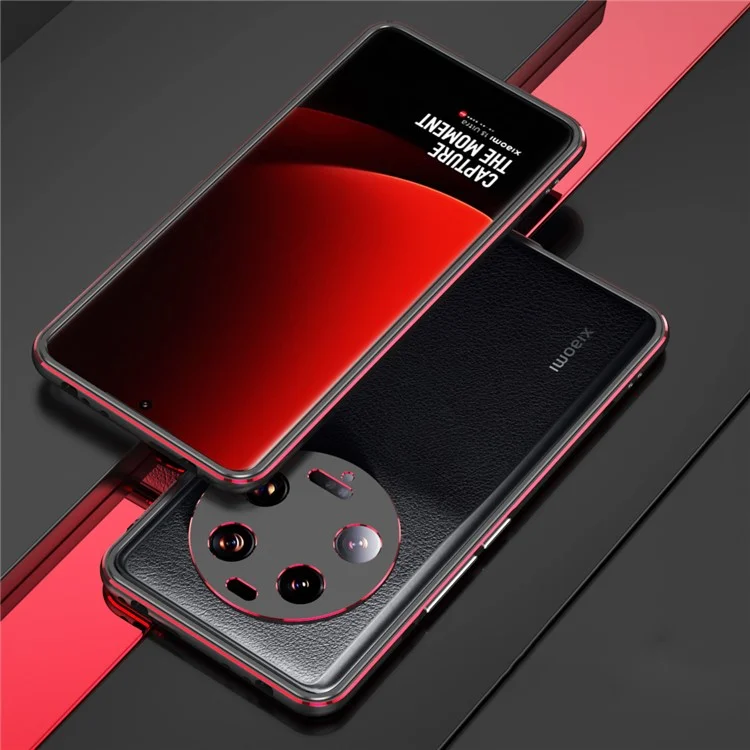 Für Xiaomi 13 Ultra Anti-Kratzer Handyhülle PU-Leder+Metallrahmen Schlanke Schale mit Kameraobjektivabdeckung - Schwarz+Rot