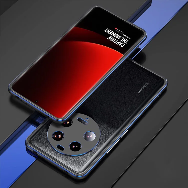 For Xiaomi 13 Ultra Anti-Scratch Phone Case PU Leather+Metal Frame Slim Shell with Camera Lens Cover - Black+Blue