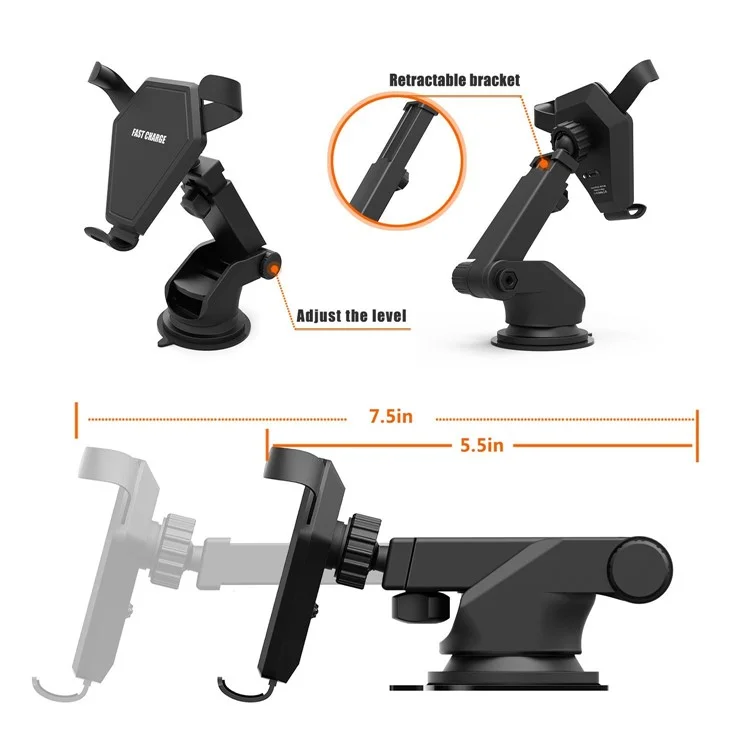 Multi-purpose Car Fast Wireless Charger Qi Wireless Charging Stand for iPhone X/8/8 Plus, Clamp Width: 4.5-9cm