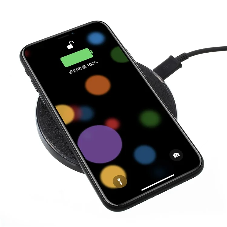 9W Leather Coated Round Qi Wireless Quick Charging Pad for iPhone X/Galaxy S8 - Black