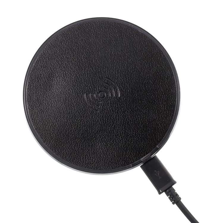 9W Leather Coated Round Qi Wireless Quick Charging Pad for iPhone X/Galaxy S8 - Black