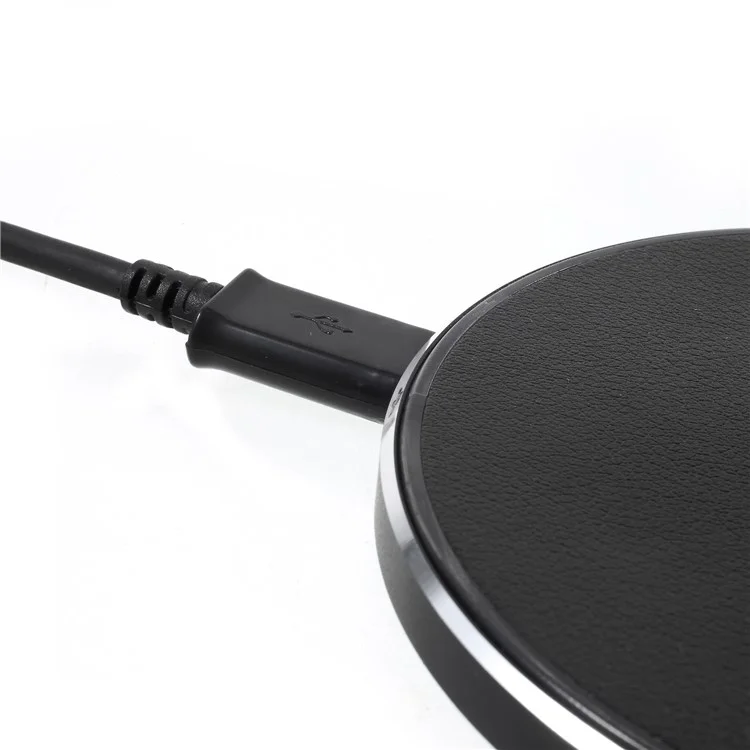 9W Leather Coated Round Qi Wireless Quick Charging Pad for iPhone X/Galaxy S8 - Black