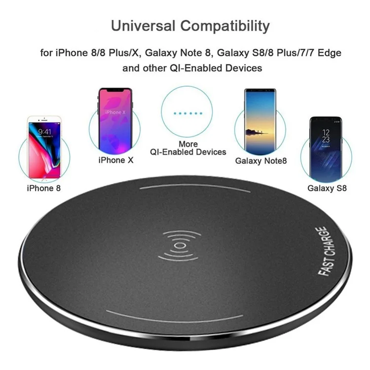 WP110 Ultra-thin Metal Fast Qi Wireless Charger for iPhone 8/Samsung Galaxy S8 etc. - Black