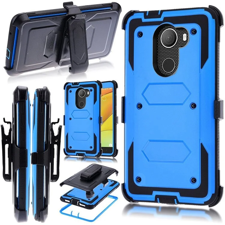 Heavy Duty Rugged PC TPU Hybrid Belt Clip Kickstand Case for Alcatel A3/A30 - Blue