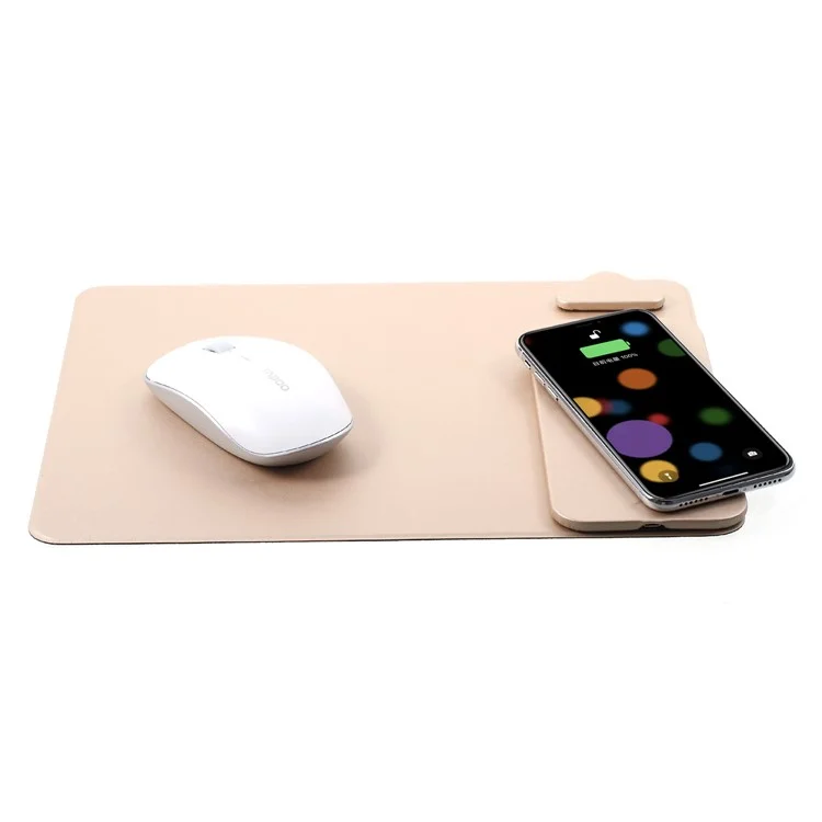 WUW C54 Detachable Qi Wireless Charger Stand Leather Mouse Pad for iPhone X/8/8 Plus etc. - Gold