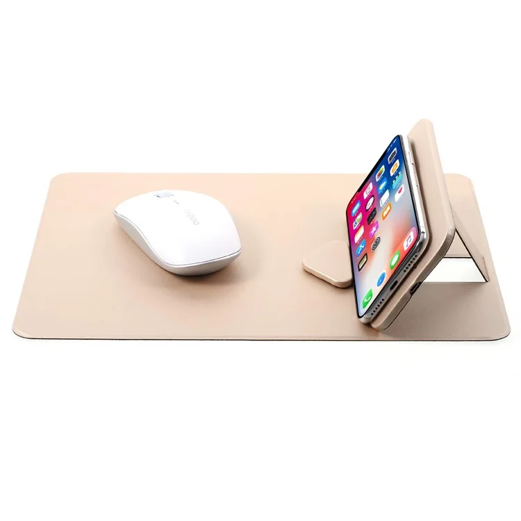 WUW C54 Detachable Qi Wireless Charger Stand Leather Mouse Pad for iPhone X/8/8 Plus etc. - Gold