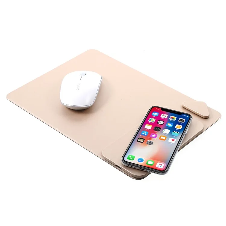 WUW C54 Detachable Qi Wireless Charger Stand Leather Mouse Pad for iPhone X/8/8 Plus etc. - Gold