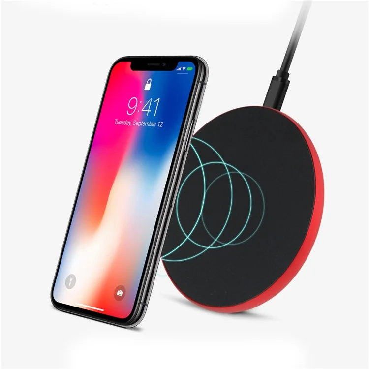 9W 2A Round Aluminum Alloy Qi Wireless Charging Pad for iPhone 8/8 Plus/Samsung S8 Etc. - Red