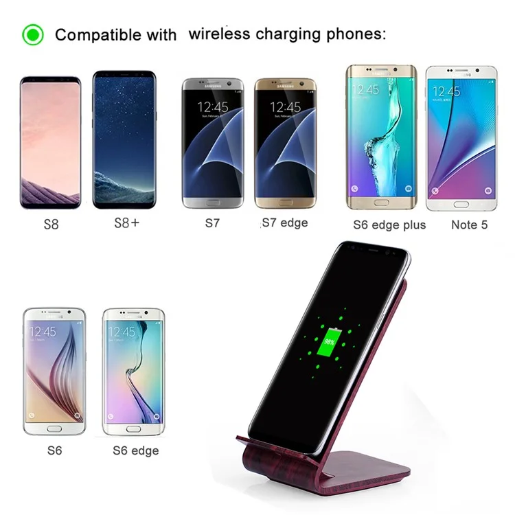 60Pcs A8 Wooden 10W Fast Charge Qi Wireless Charging Pad Stand for iPhone 8/8 Plus/Samsung Galaxy S8/S7/S6 Etc - Wine Red