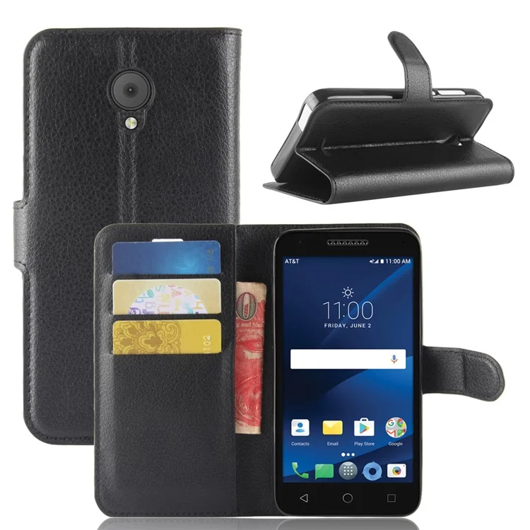 Litchi Skin Wallet Leather Stand Case for Alcatel Cameox 5044R - Black