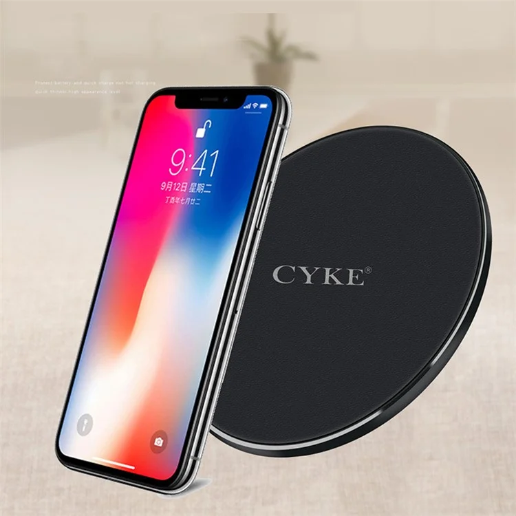CYKE KD-4 Leather Round Shaped 10W Wireless Charging Pat for iPhone X / 8 Plus / 8 Etc. - Black