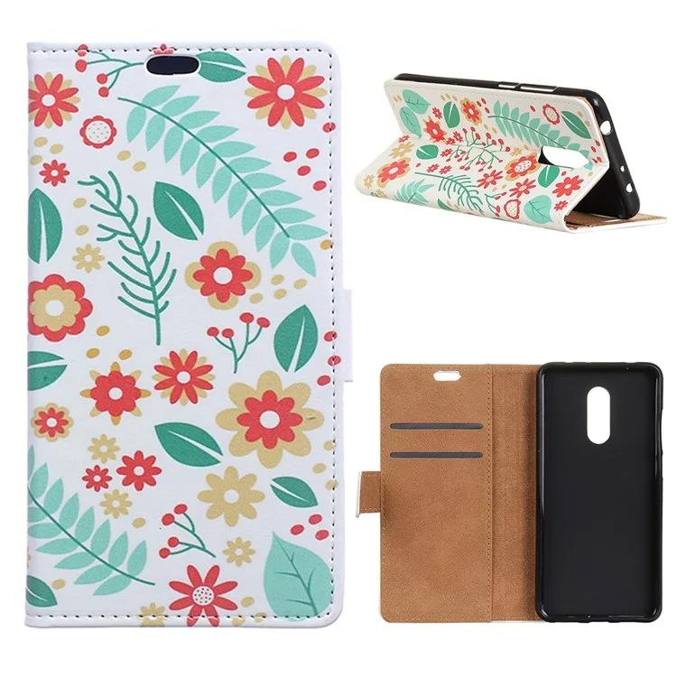 Patterned PU Leather Wallet Magnetic Phone Casing with Stand for Alcatel 3 - Flowers and Leaves
