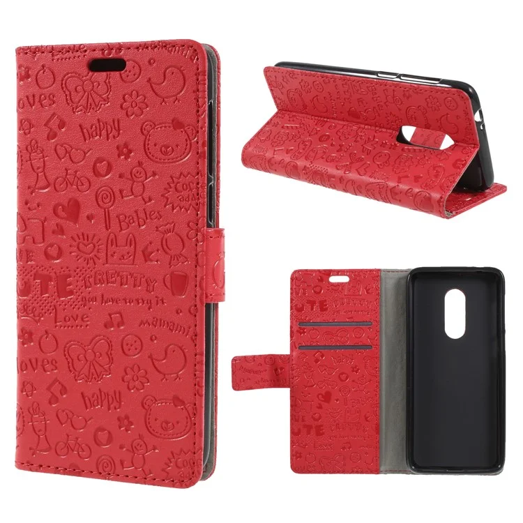 Cartoon Graffiti Pattern Leather Flip Stand Mobile Casing Cover for Alcatel 3 - Red