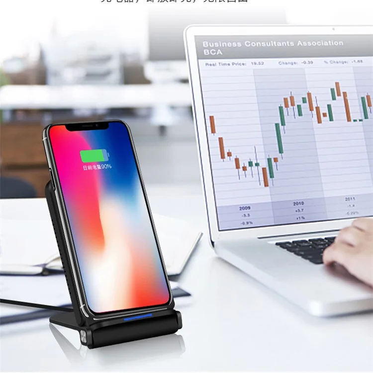 QK200 10W Dual Coil Quick Wireless Charger Pad Stand for iPhone Samsung etc - Black