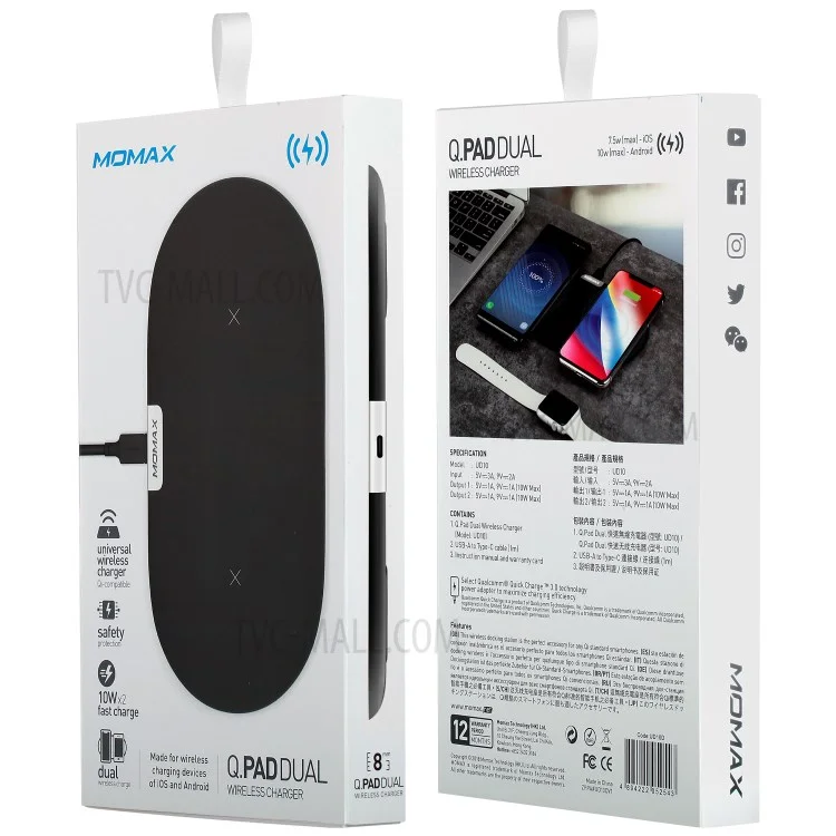 MOMAX Q. Pad Dual Quick Charge Wireless Charging Pad for iPhone X/8/8 Plus, Samsung Note S9 (Not Support FOD Function) - Black
