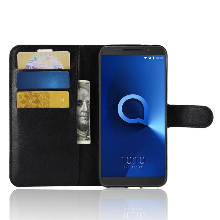 Litchi Skin Wallet Leather Stand Case for Alcatel 3 - Black