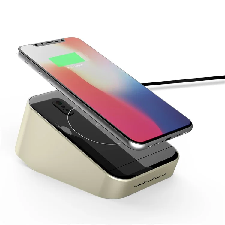 WUW W11 Qi Wireless 12V Quick Charger Pad with 3 USB Outputs for iPhone Samsung etc. - Gold / US Plug