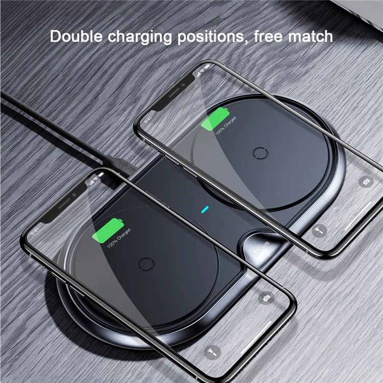 BASEUS Dual Positions Qi Standard Wireless Charger Fast Charging Pad (Not Support FOD Function) - Black / CN Standard Plug