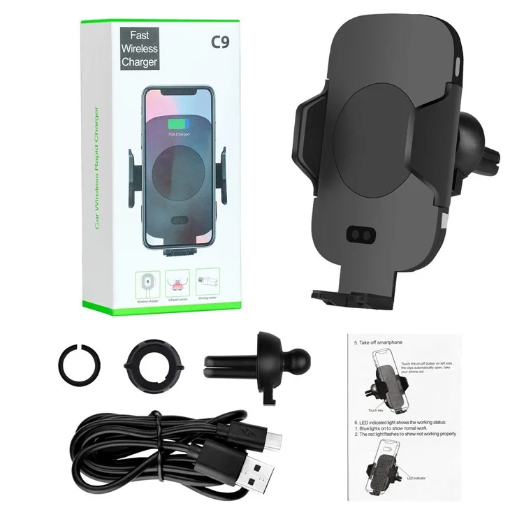 C9 Automatic Clamping Infrared Sensing Car Air Vent Phone Holder Qi Wireless Charger Stand