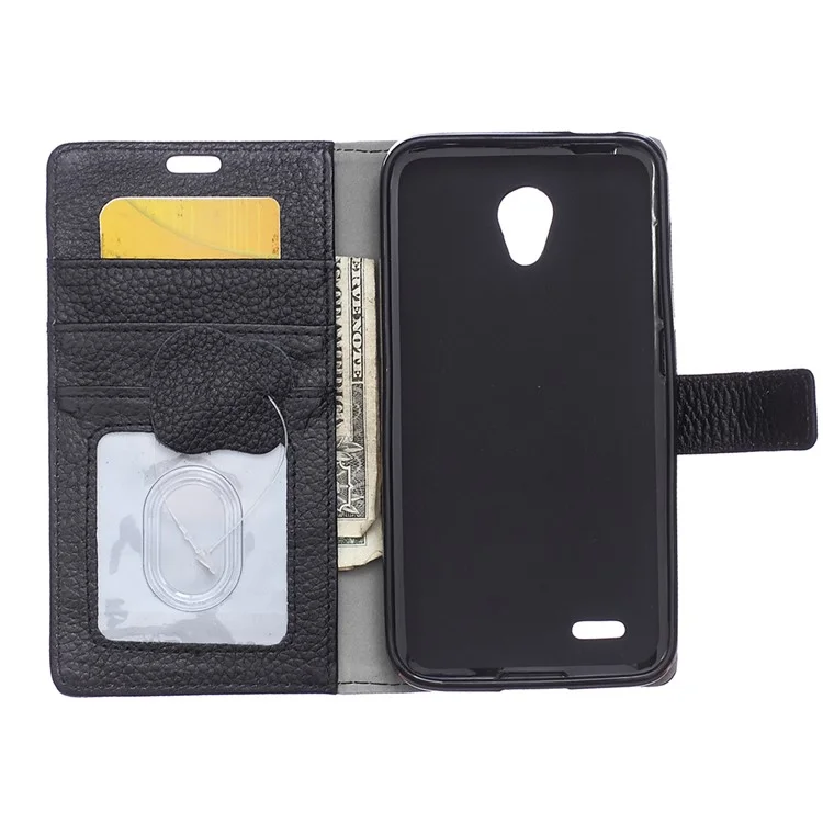 Genuine Full Grain Litchi Skin Leather Wallet Case for Alcatel One Touch Go Play 7048X - Black