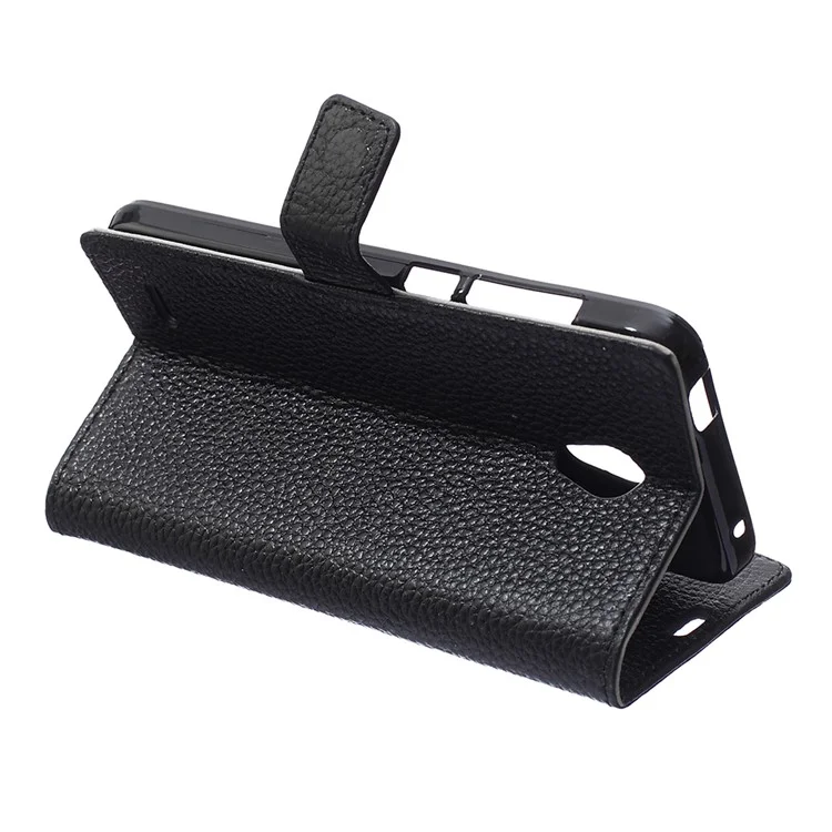 Genuine Full Grain Litchi Skin Leather Wallet Case for Alcatel One Touch Go Play 7048X - Black