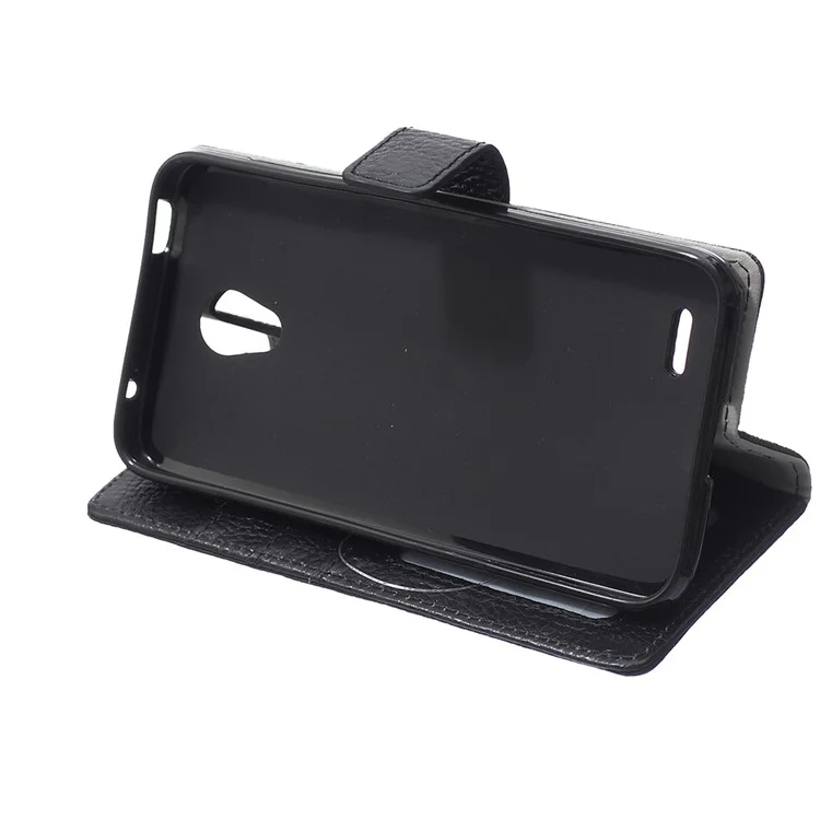 Genuine Full Grain Litchi Skin Leather Wallet Case for Alcatel One Touch Go Play 7048X - Black