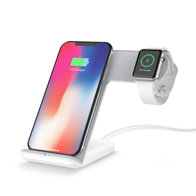 F11 2 in 1 Wireless Charging Stand Qi Fast Charger for iPhone Samsung Phone Apple Watch - White