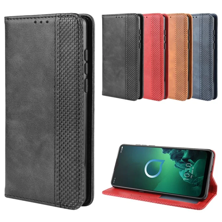 Retro Style PU Leather Wallet Stand Phone Casing for Alcatel 3X (2019) - Black