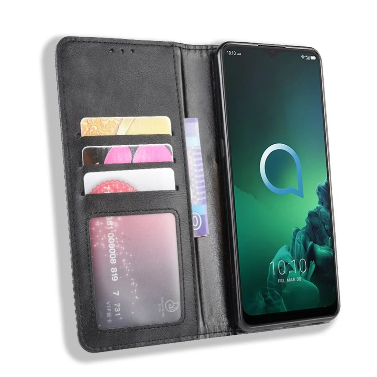 Retro Style PU Leather Wallet Stand Phone Casing for Alcatel 3X (2019) - Black