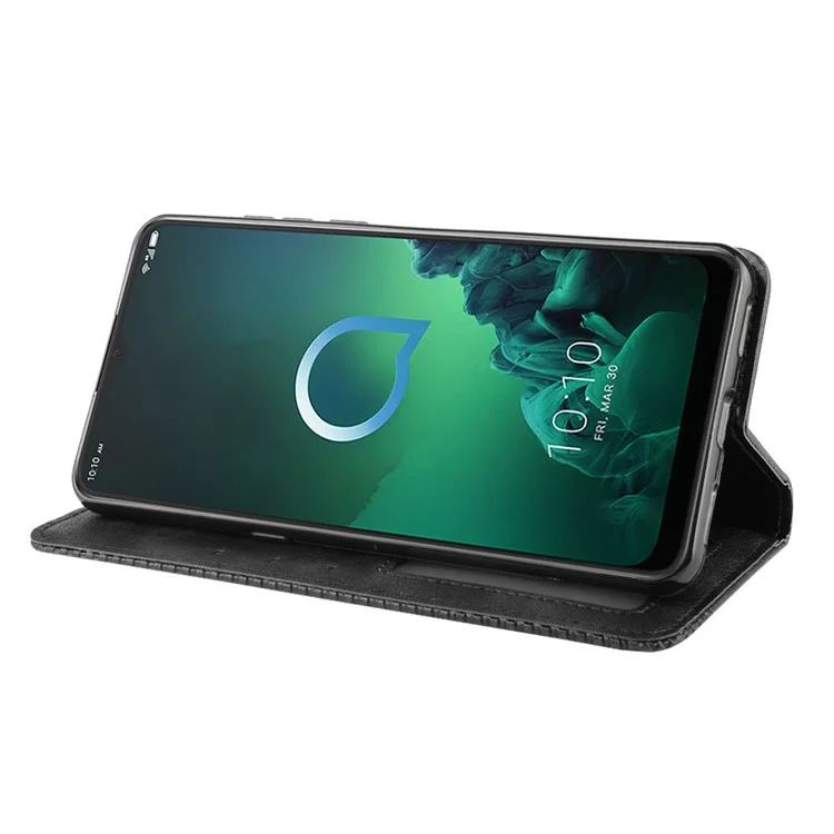 Basceau de Téléphone en Cuir PU de Style Rétro Pour Alcatel 3X (2019) - le Noir