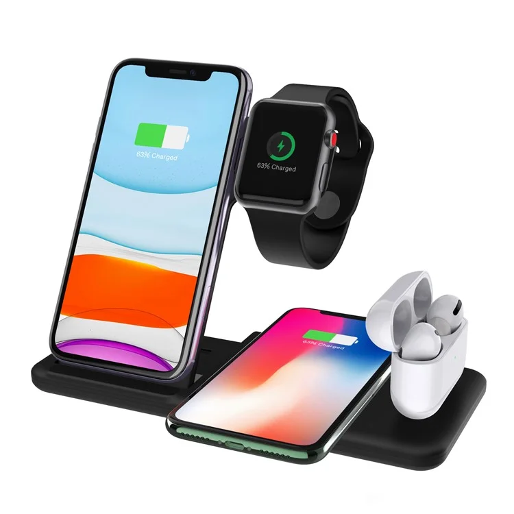 Q20 4 in 1 Mobile Phone Watch Earphone Charging Stand Foldable Wireless Charger - Black