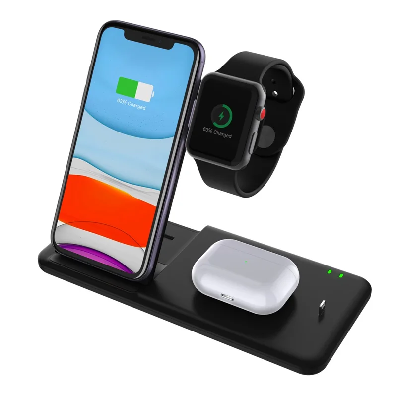 Q20 4 in 1 Mobile Phone Watch Earphone Charging Stand Foldable Wireless Charger - Black