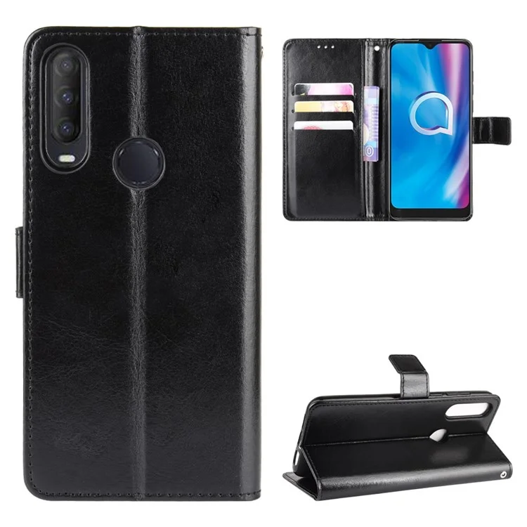 Crazy Horse Wallet Leather Stand Case for Alcatel 1SE (2020) - Black