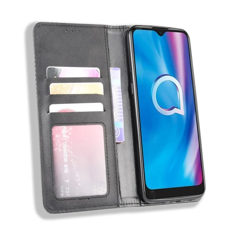 Carteira Vintage de Couro Sintético com Suporte para o Alcatel 1SE (2020) - Preta