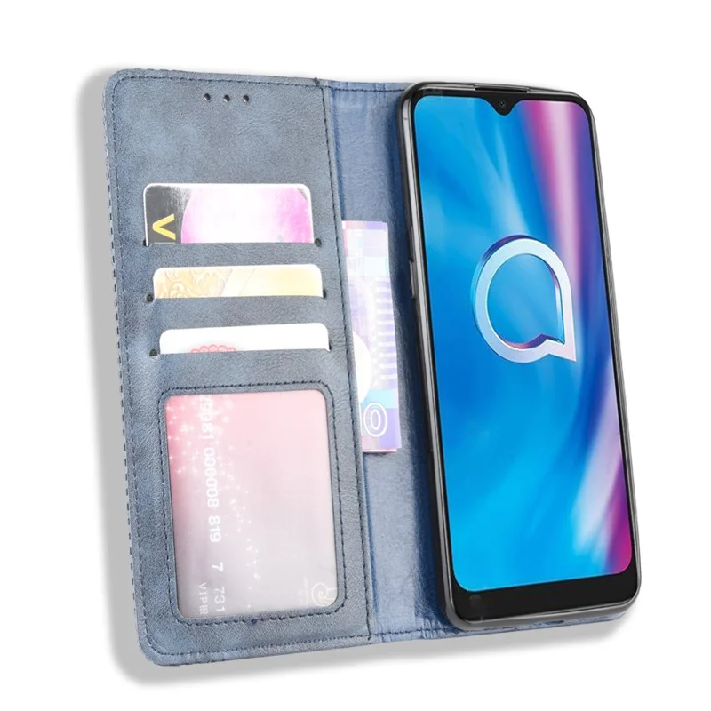 Vintage Style Leather Wallet Stand Case for Alcatel 1SE (2020) - Blue