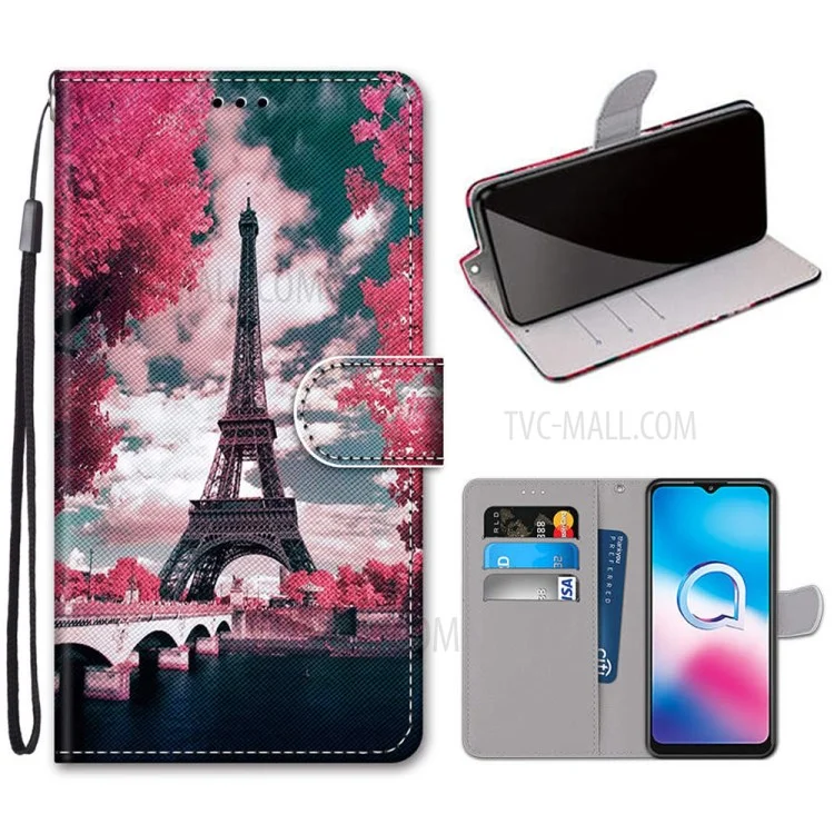 Pattern Printing Cross Texture Leather Wallet Phone Cover with Strap for Alcatel 3X (2020) - Eiffel Tower