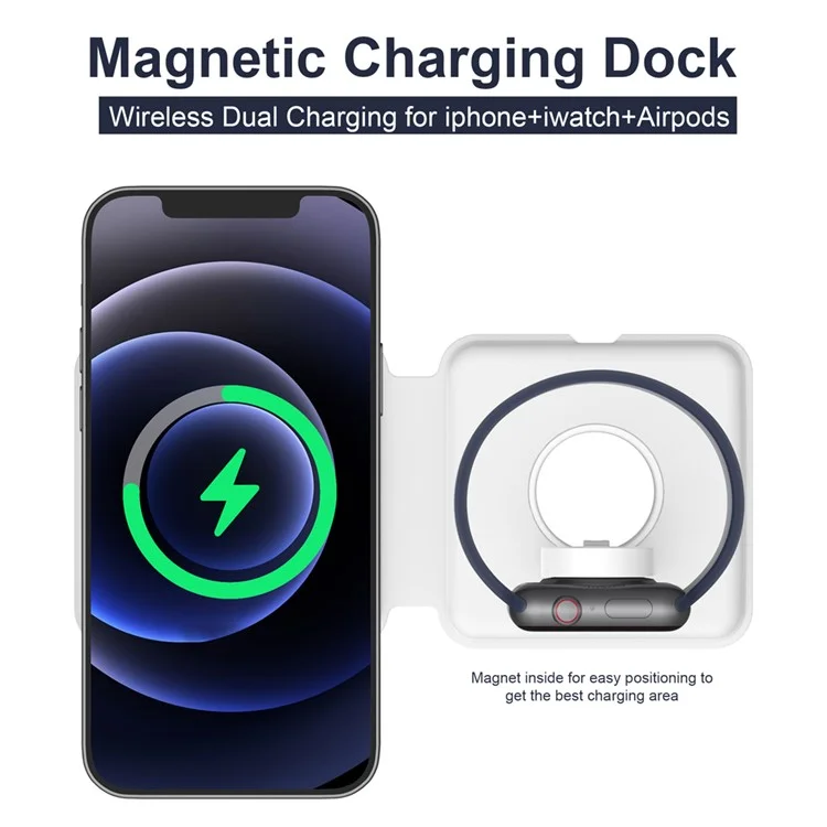 15W 2-in-1 Magnetic Charging Dock Dual Panel Wireless Charger for iPhone iWatch