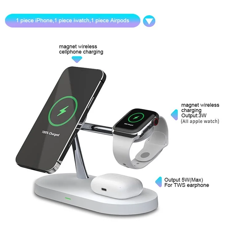 5 Em 1 Carregador Sem Fio Magnético Para IPhone 12 Pro Max Apple Watch Airpods Charging Dock Station - Branco