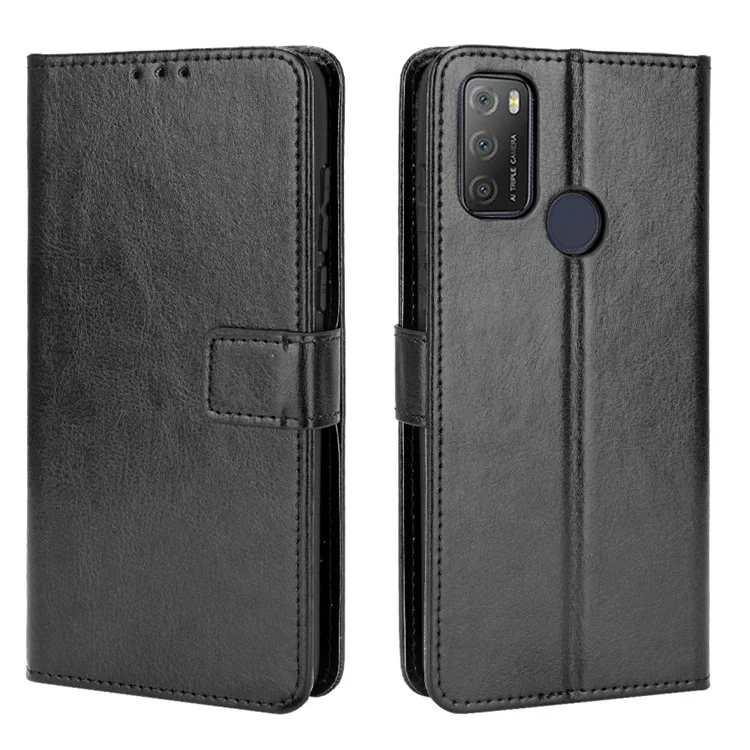 Crazy Horse Textura Carteira Design PU Caparo de Calaro Protector Capa Para Alcatel 3L (2021) / Alcatel 1s (2021) - Preto