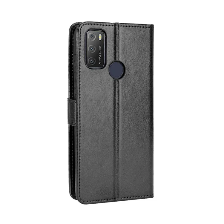 Crazy Horse Textura Carteira Design PU Caparo de Calaro Protector Capa Para Alcatel 3L (2021) / Alcatel 1s (2021) - Preto