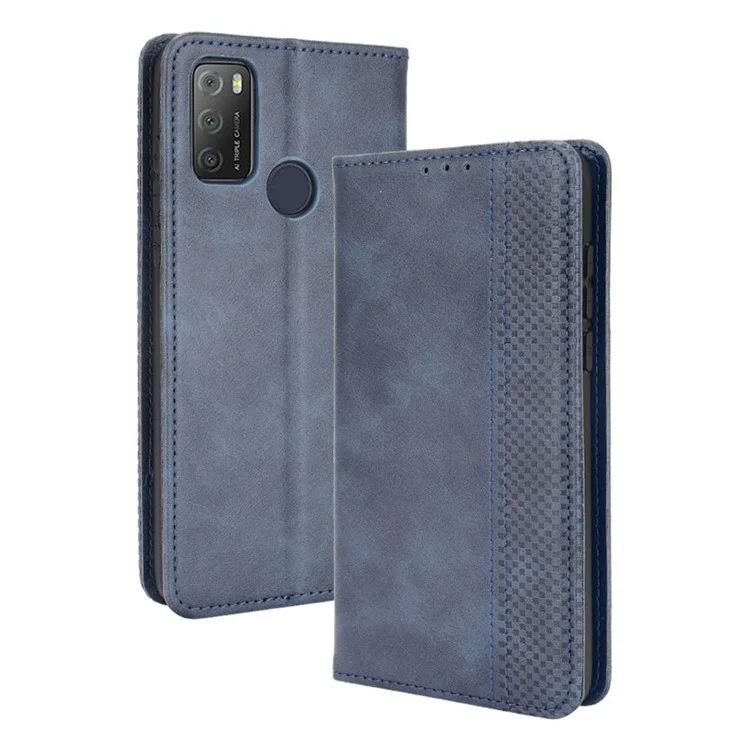 Magnetic Vintage Style Phone Case Wallet Stand Leather Cover for Alcatel 3L(2021) / 1S (2021) - Blue