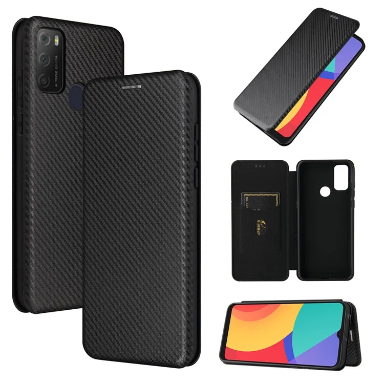 Capa de Couro com Textura de Fibra de Carbono e Suporte de Absorção Automática com Porta-cartões para Alcatel 1S (2021) - Preto
