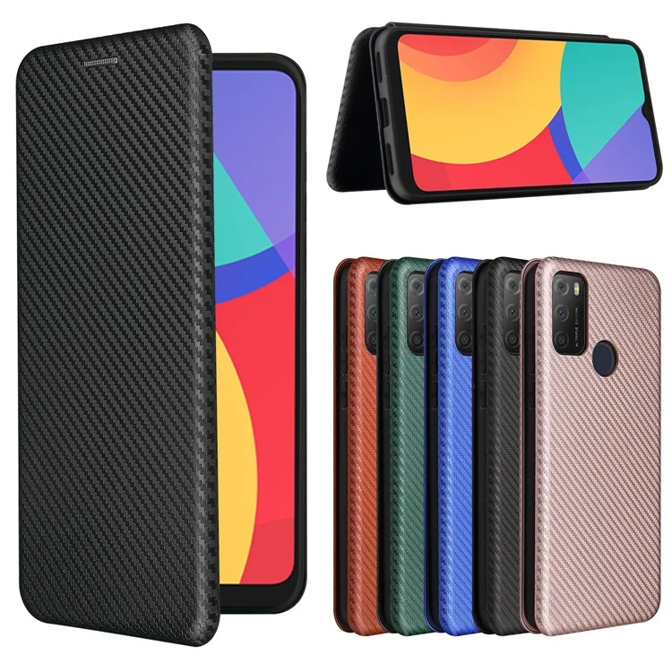 Capa de Couro com Textura de Fibra de Carbono e Suporte de Absorção Automática com Porta-cartões para Alcatel 1S (2021) - Preto
