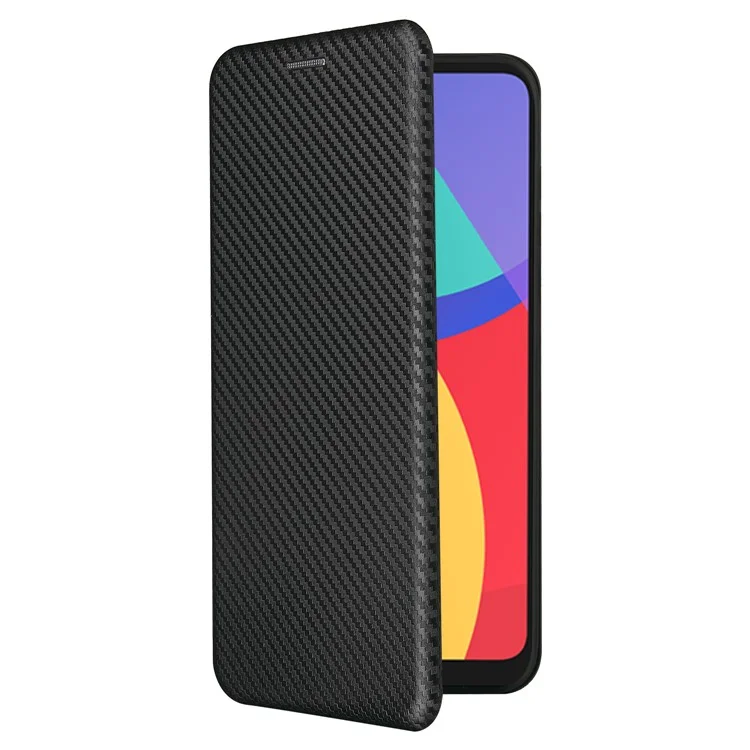 Capa de Couro com Textura de Fibra de Carbono e Suporte de Absorção Automática com Porta-cartões para Alcatel 1S (2021) - Preto