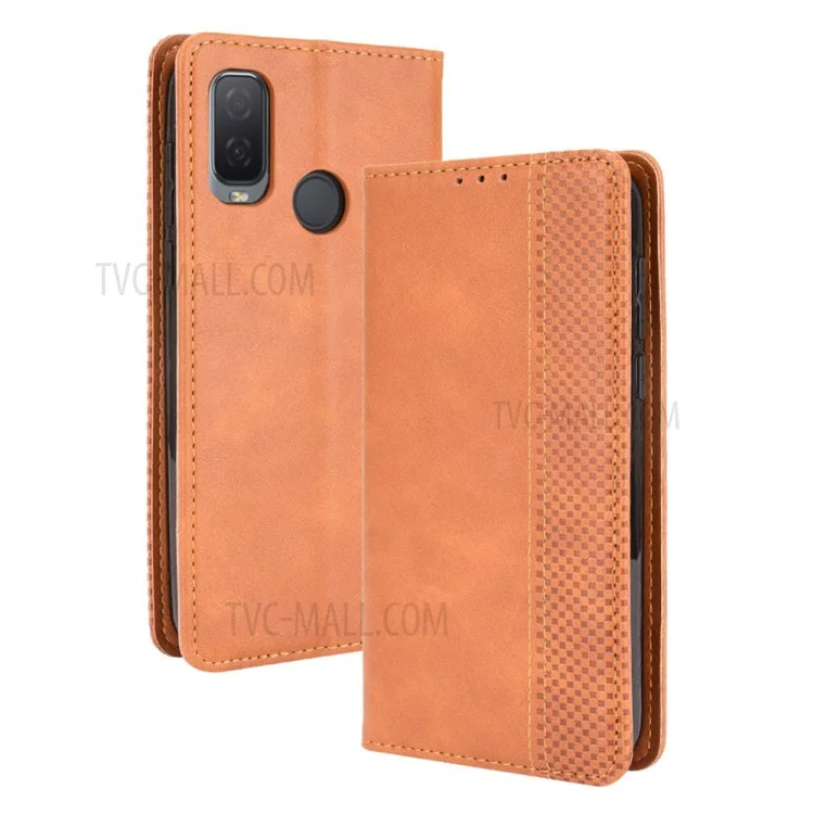 Capa de Telefone Celular de Couro com Fecho Magnético e Suporte, Estilo Vintage, para Alcatel 1L (2021) - Marrom